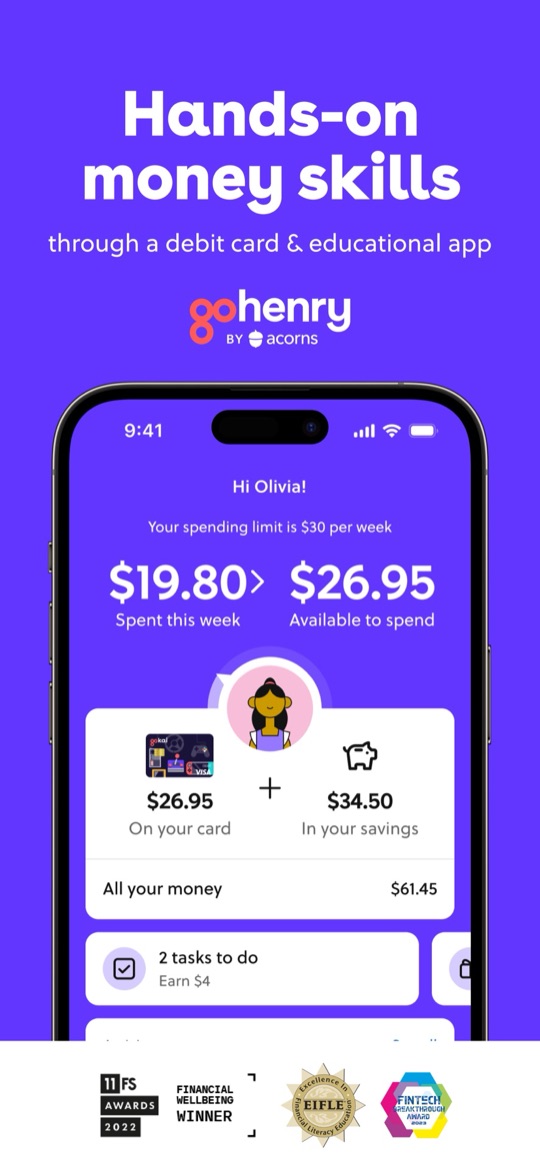 Acorns Early app screenshot: a teen’s weekly spending limit, card and savings balances, and a list of paid tasks to do