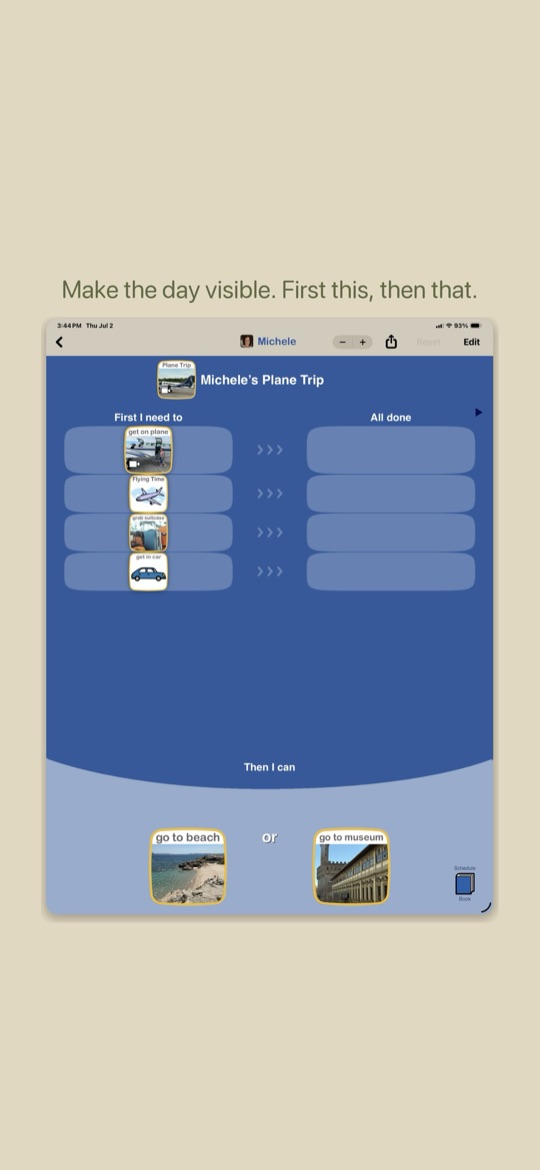 Choiceworks app screenshot: a first-then board with picture cards for each step of a trip, and a choice of two rewards at the end