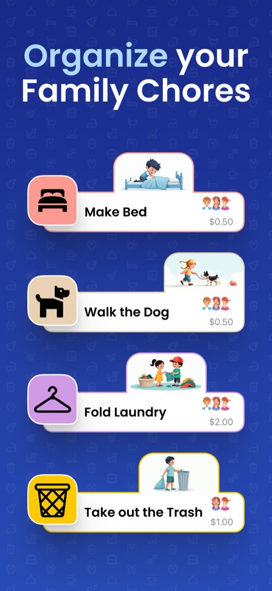 Chorsee app screenshot: chore cards with icons and a cash value beside each one, from making the bed at 50 cents to folding laundry at two dollars