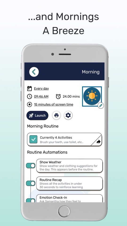 Goally app screenshot: a morning routine set to every day with a duration, a screen-time reward and routine automations like a weather card and an emotion check-in