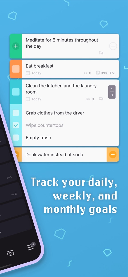 Habitica app screenshot: a task list where a chore is broken into subtasks and checked off to earn rewards