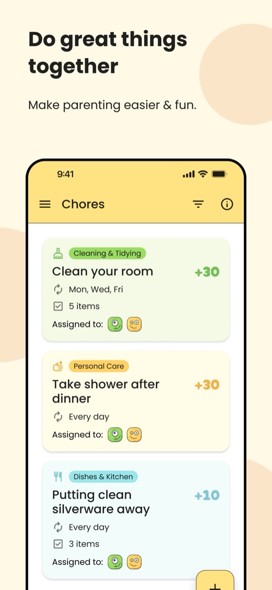 Kikaroo app screenshot: a chore list with category tags, point values and the family members each chore is assigned to
