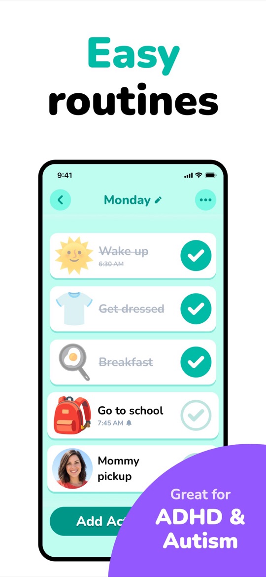 Lil Planner app screenshot: a Monday schedule with wake-up, get dressed and breakfast ticked off and a photo of a parent for the pickup step