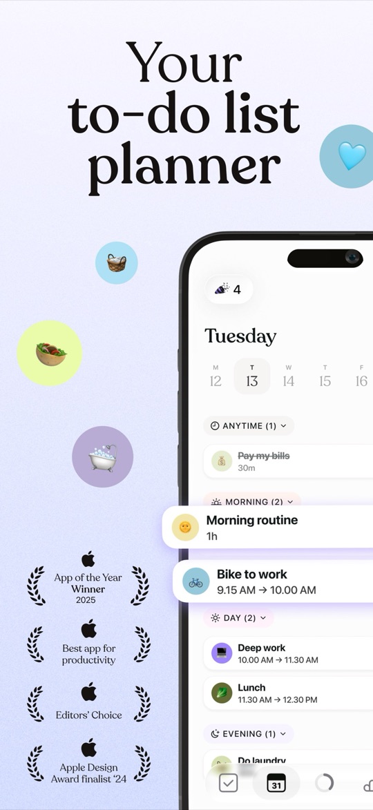 Tiimo app screenshot: a day laid out as a timeline with a morning routine, timed blocks and Apple award badges alongside