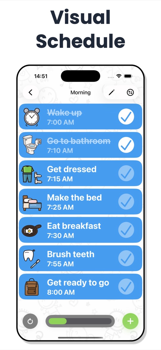 Visual Schedule Daily Routine app screenshot: a morning list with a picture and a time beside each step, from wake up at 7:00 to get ready to go at 8:00