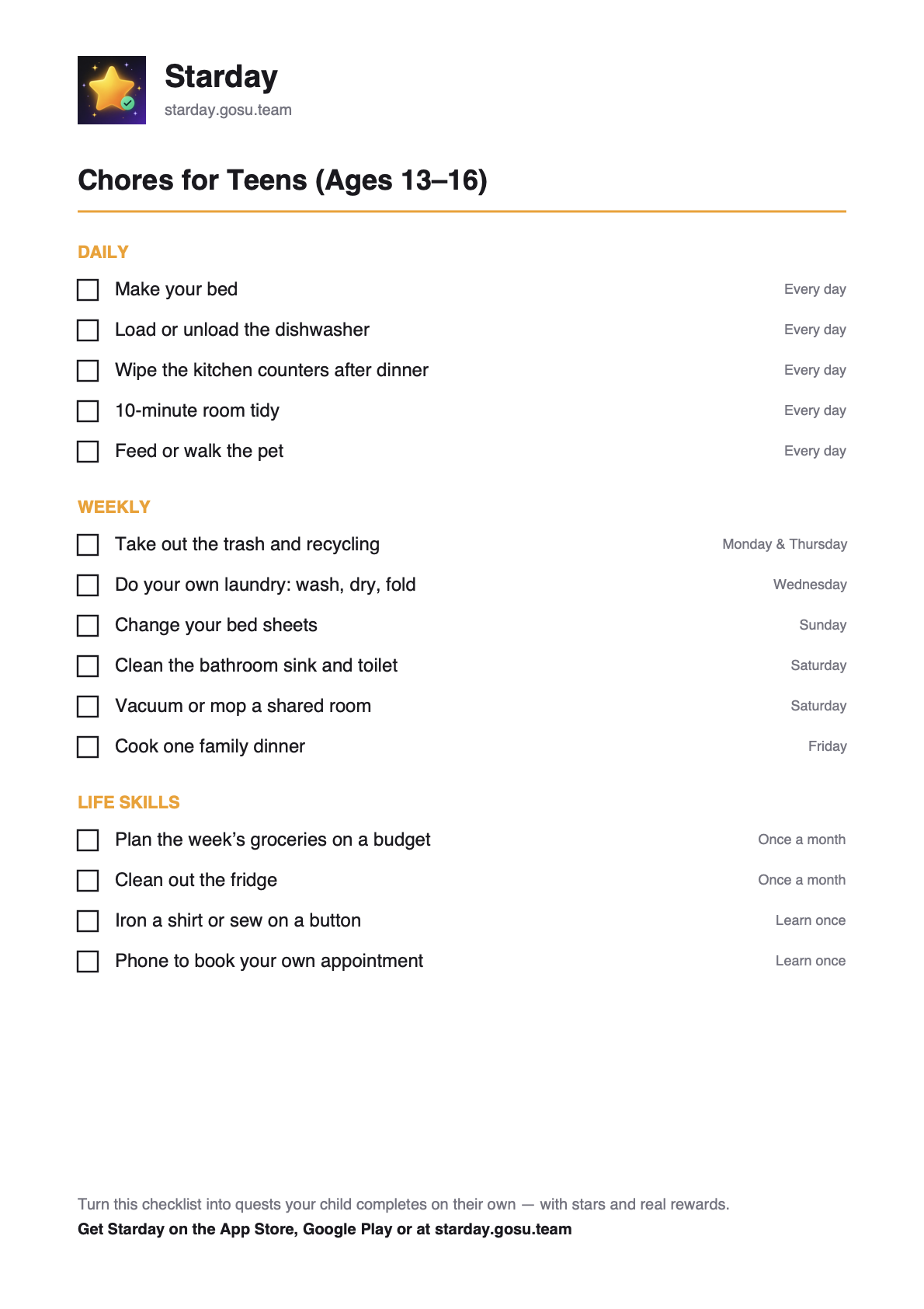 Printable chores for teens (ages 13–16) with tick boxes, as a free PDF