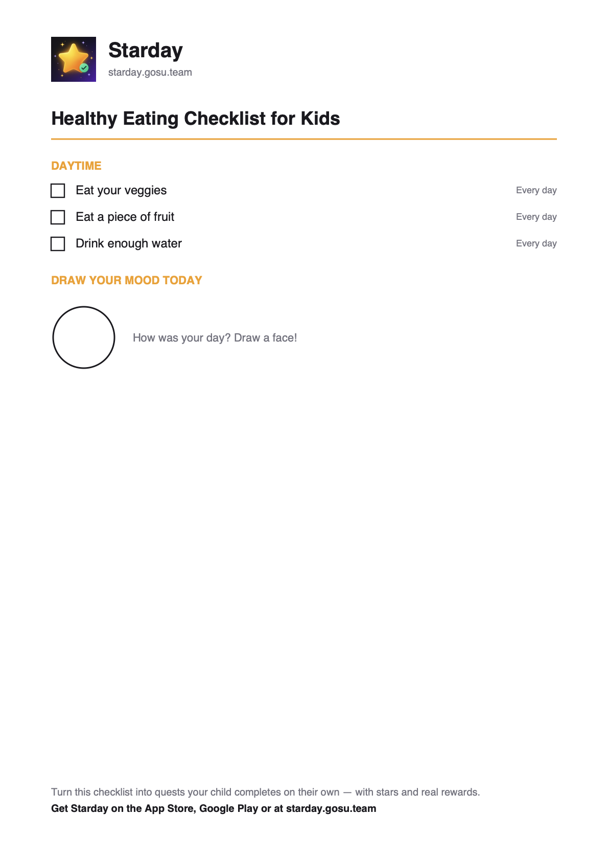 Printable healthy eating checklist for kids with tick boxes, as a free PDF