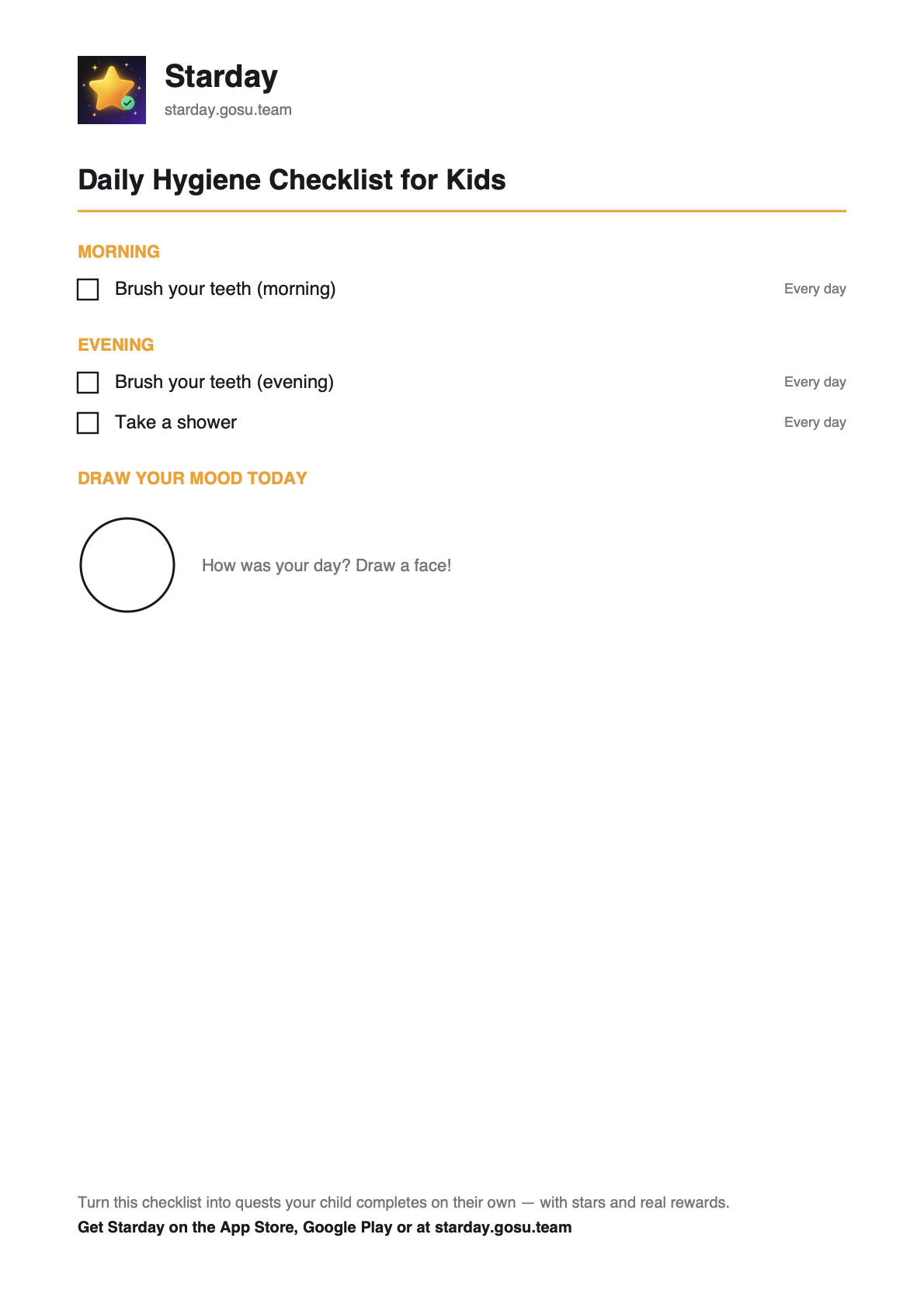 Printable daily hygiene checklist for kids with tick boxes, as a free PDF
