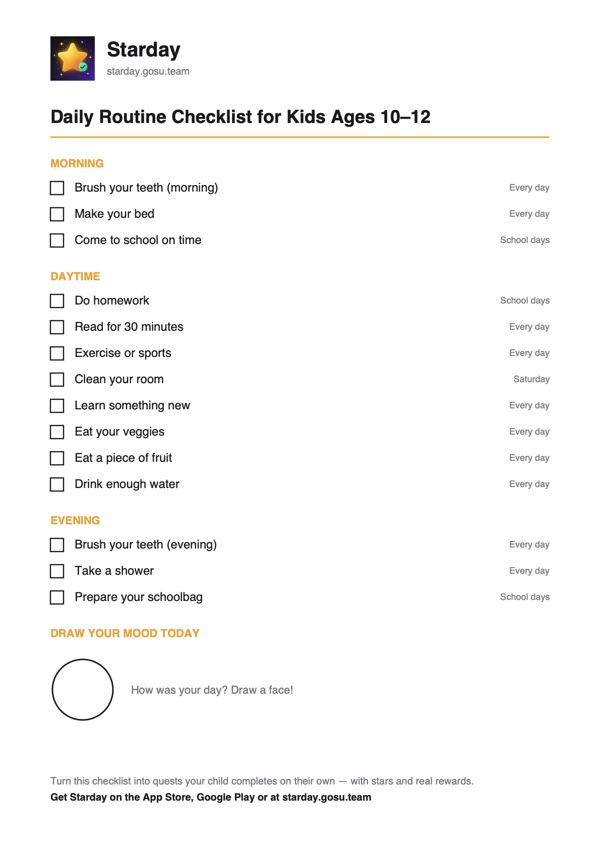 Printable daily routine checklist for kids ages 10–12 with tick boxes, as a free PDF