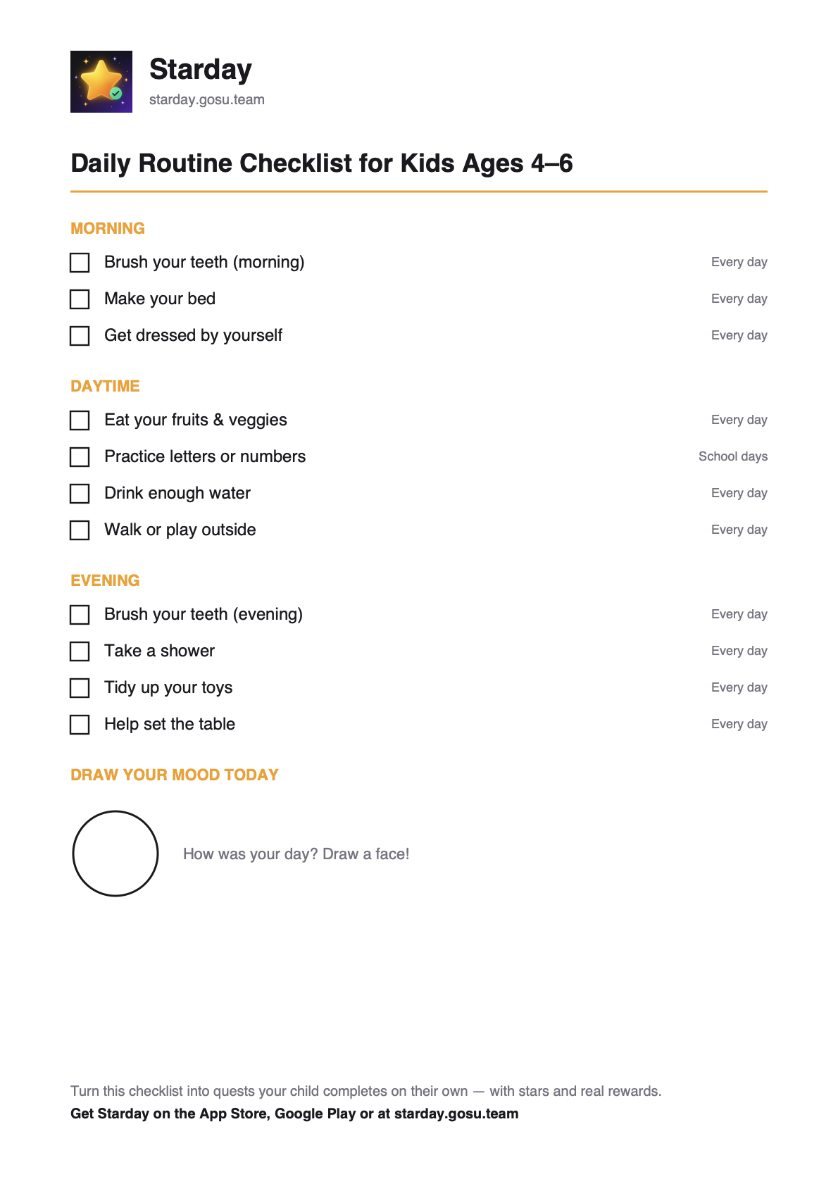 Printable daily routine checklist for kids ages 4–6 with tick boxes, as a free PDF