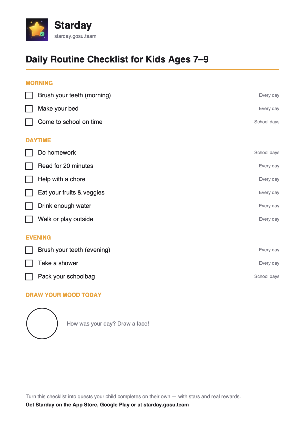 Printable daily routine checklist for kids ages 7–9 with tick boxes, as a free PDF