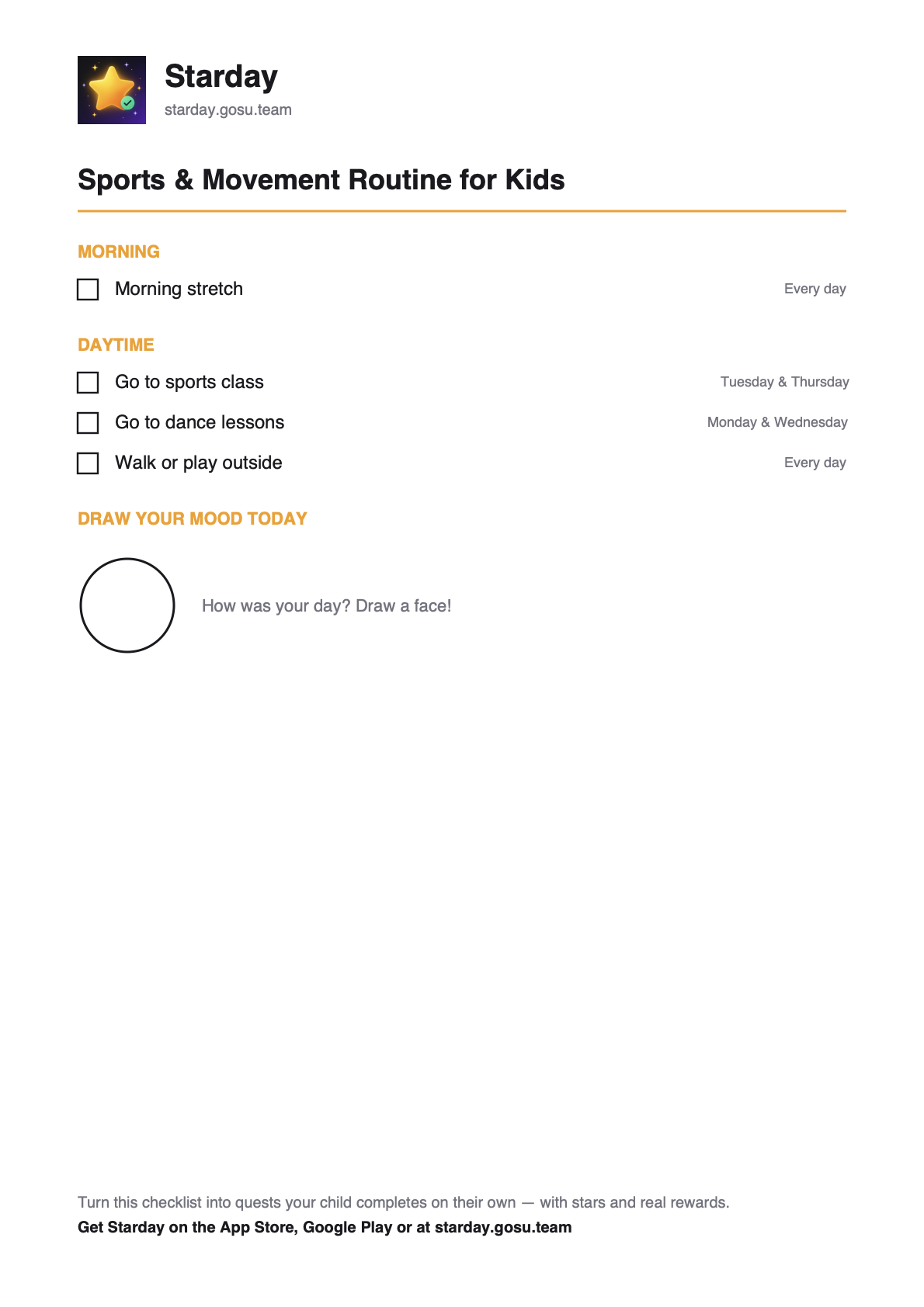 Printable sports & movement routine for kids with tick boxes, as a free PDF