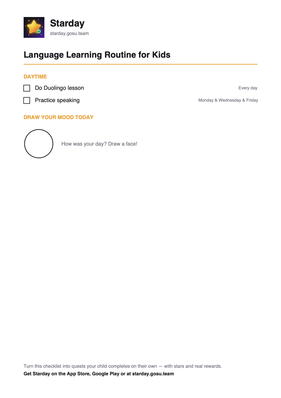 Printable language learning routine for kids with tick boxes, as a free PDF