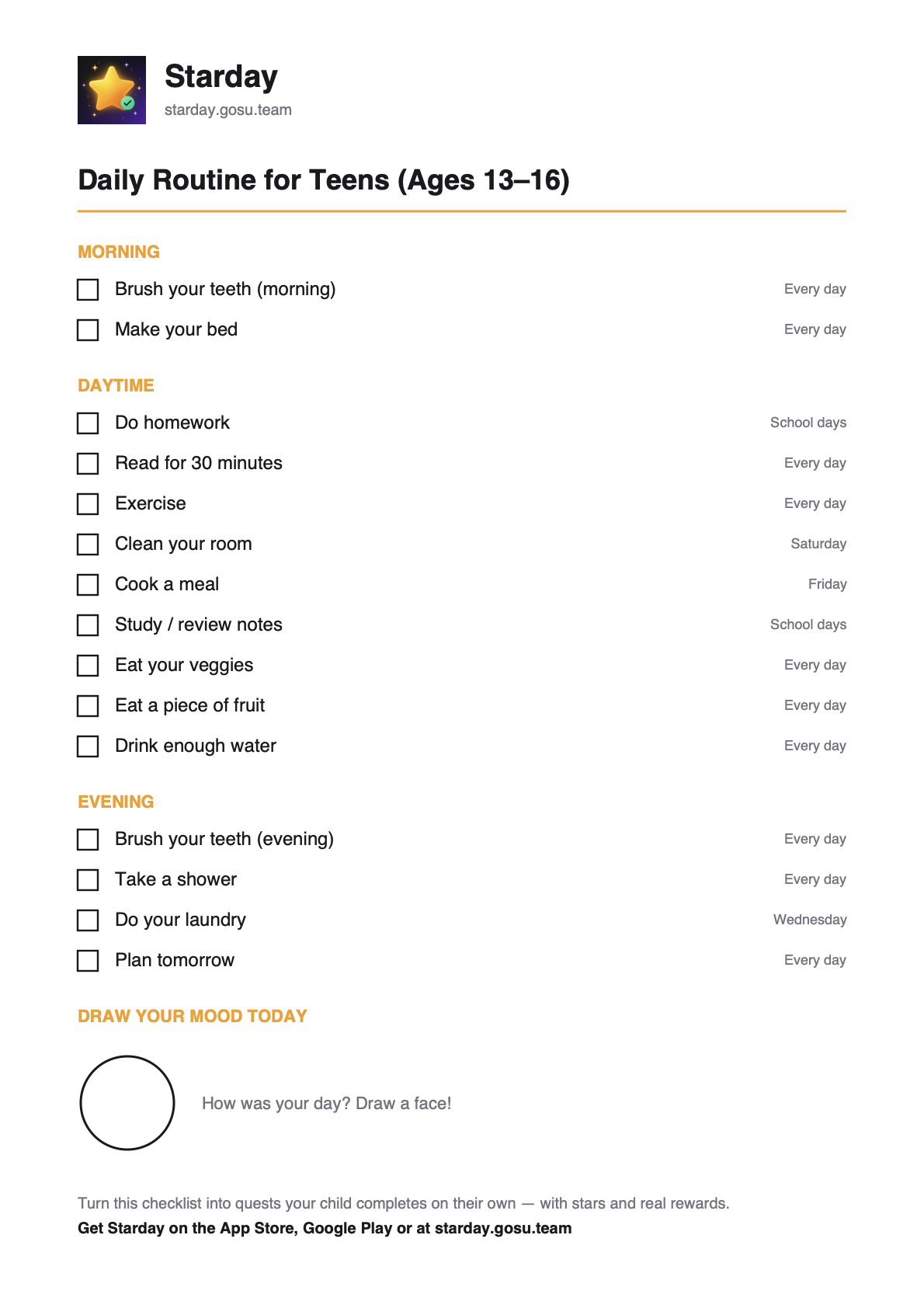 Printable daily routine for teens (ages 13–16) with tick boxes, as a free PDF