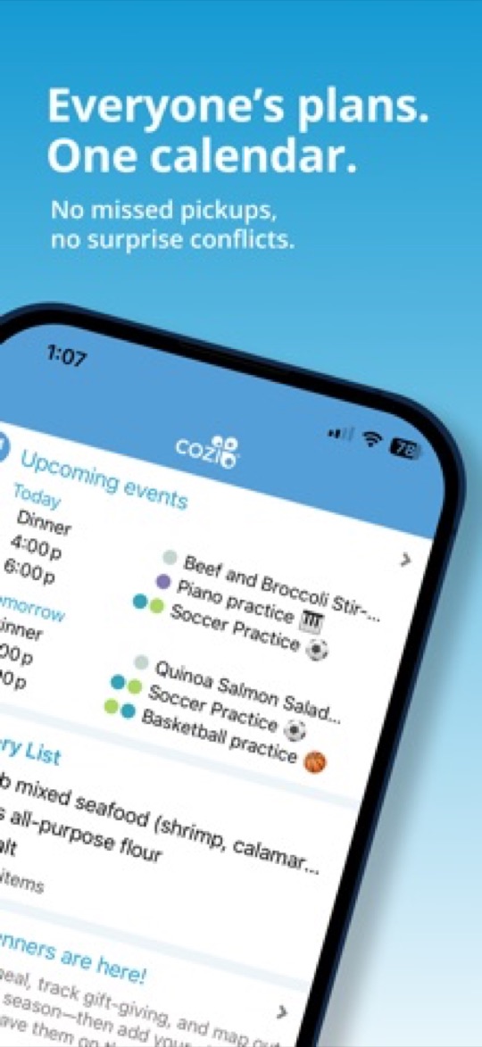 Cozi app screenshot: upcoming events for the whole family on one calendar
