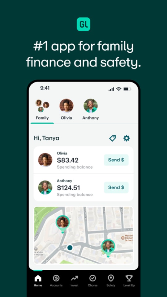 Greenlight app screenshot: the parent home screen with each child’s spending balance and a location map