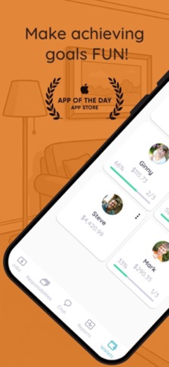 Homey app screenshot: family members with their allowance balances and job progress