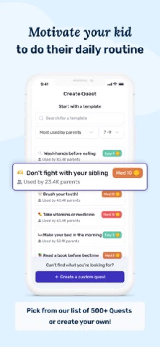 Joon app screenshot: the Create Quest screen with a list of quest templates