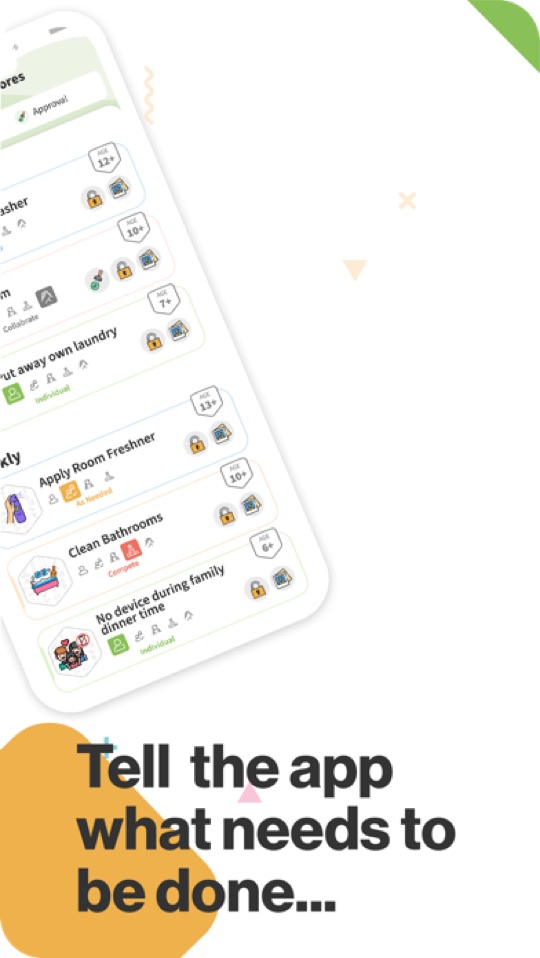 S’moresUp app screenshot: a chore list with age tags and chore types