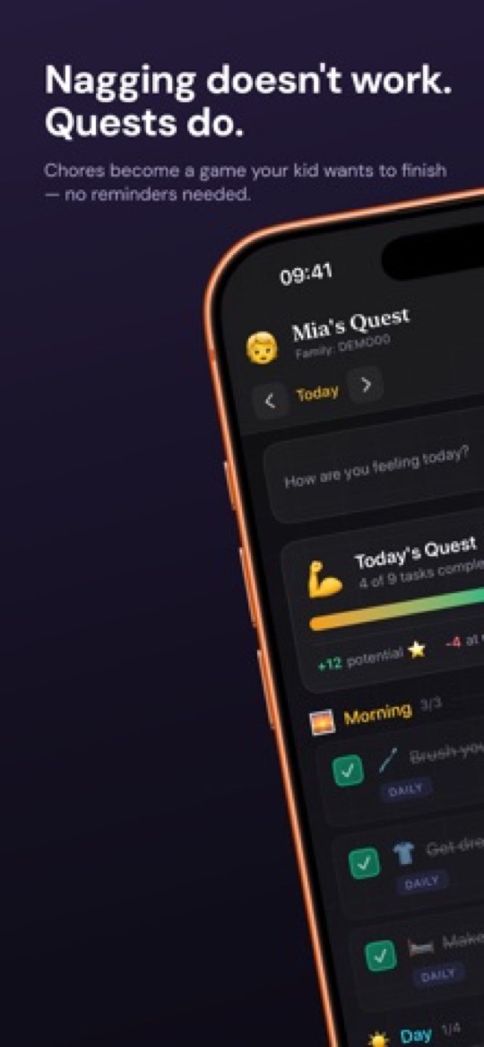 Starday app screenshot: a child’s daily quest list with morning tasks checked off and stars earned